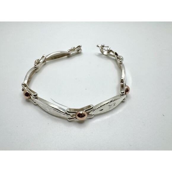 Designer Peruvian Sterling Silver 950 and 18K Gold Inlay Bracelet - 7.5” - Picture 3 of 6